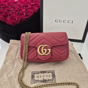 Gucci Red GG Marmont Flap Matelasse Super Mini Leather Crossbody Bag